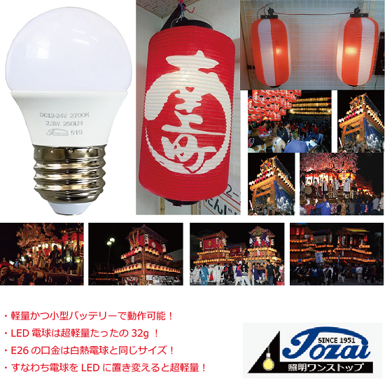 電球形ledランプはだんじり灯入れ曳行提灯用ledランプ34g 東西電気産業 Powered By イプロス